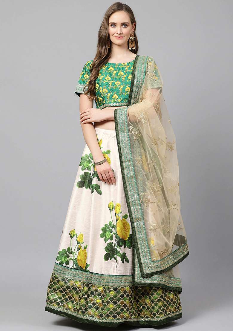 Olive Green Zari Banglori Silk Blend Lehenga Set with Floral Print & Embroidered for Diwali | Wedding & Festive Wear - Indya