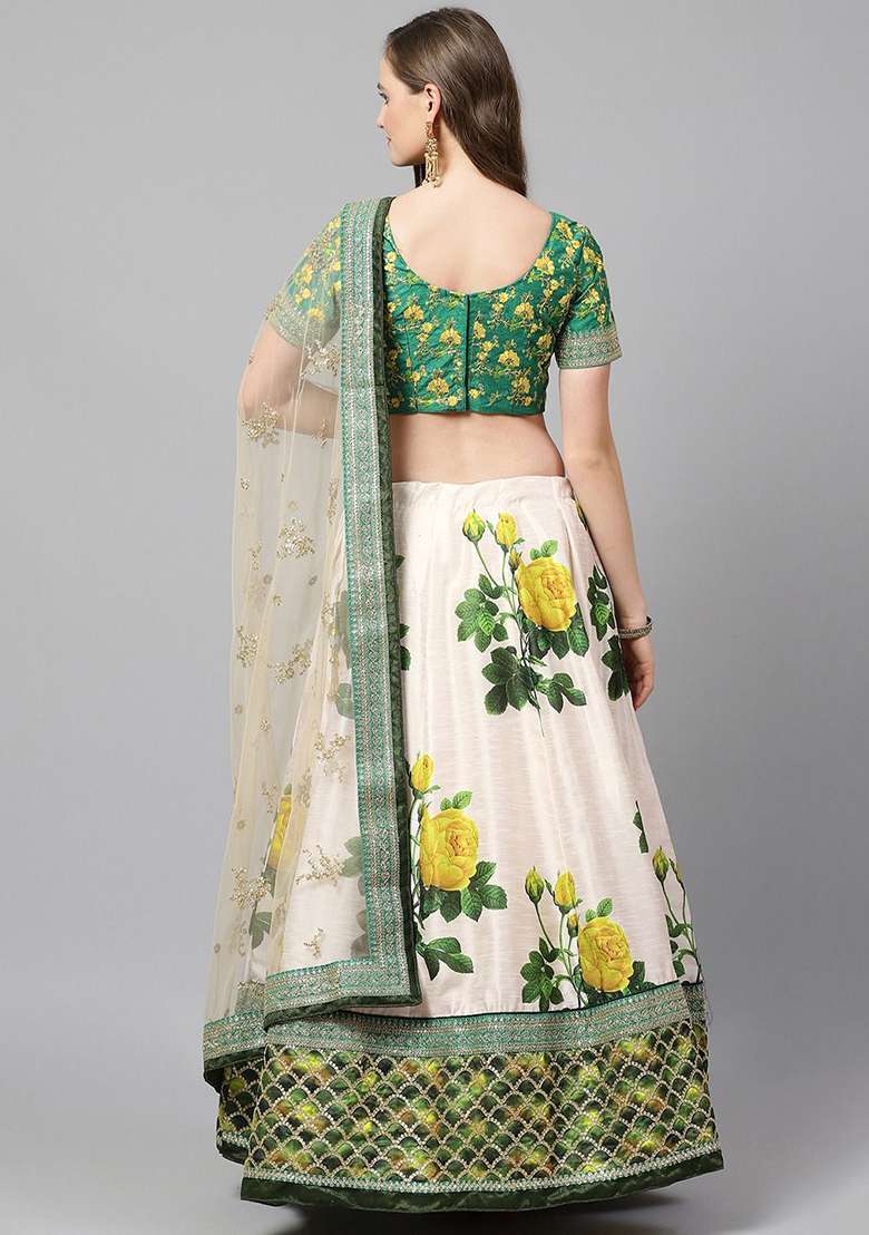 Olive Green Zari Banglori Silk Blend Lehenga Set with Floral Print & Embroidered for Diwali | Wedding & Festive Wear - Indya