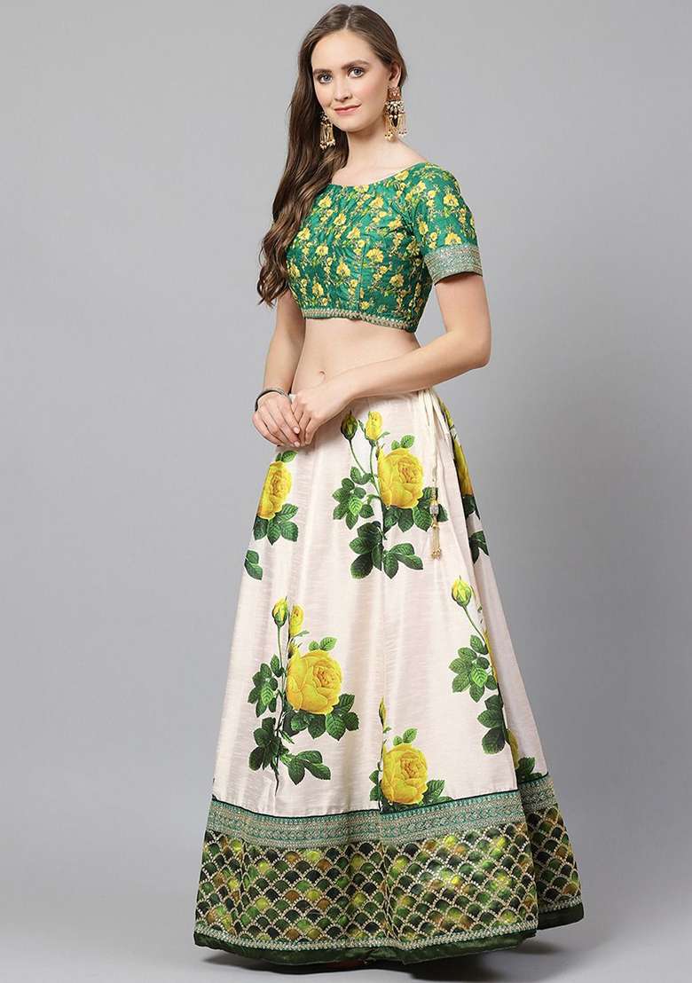 Olive Green Zari Banglori Silk Blend Lehenga Set with Floral Print & Embroidered for Diwali | Wedding & Festive Wear - Indya