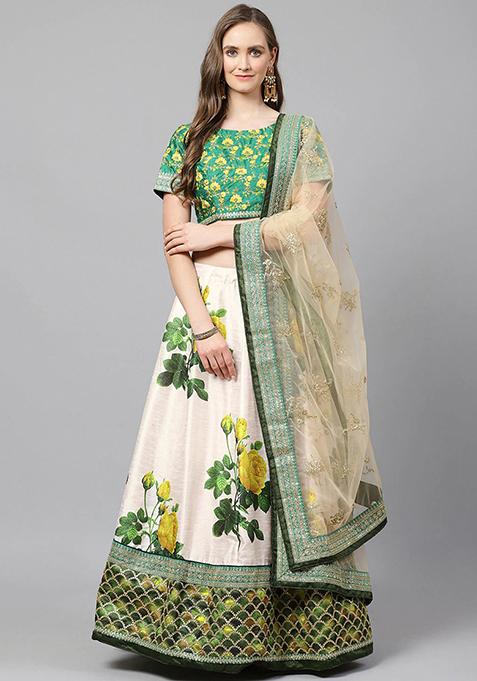 Olive Green Floral Print Zari Embroidered Banglori Silk Lehenga Set