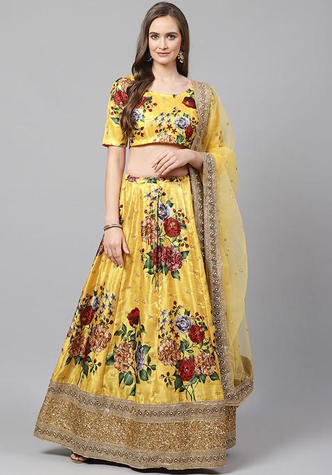 Yellow Floral Print Zari Embroidered Banglori Silk Lehenga Set