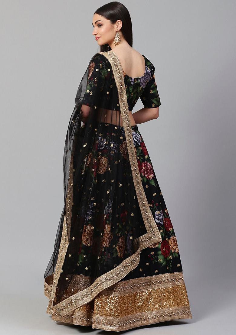 Black Floral Print Zari Embroidered Banglori Silk Lehenga Set - Indya