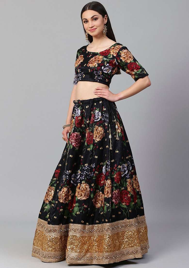Black Floral Print Zari Embroidered Banglori Silk Blend Lehenga Set for Diwali and Festive Wear - Indya