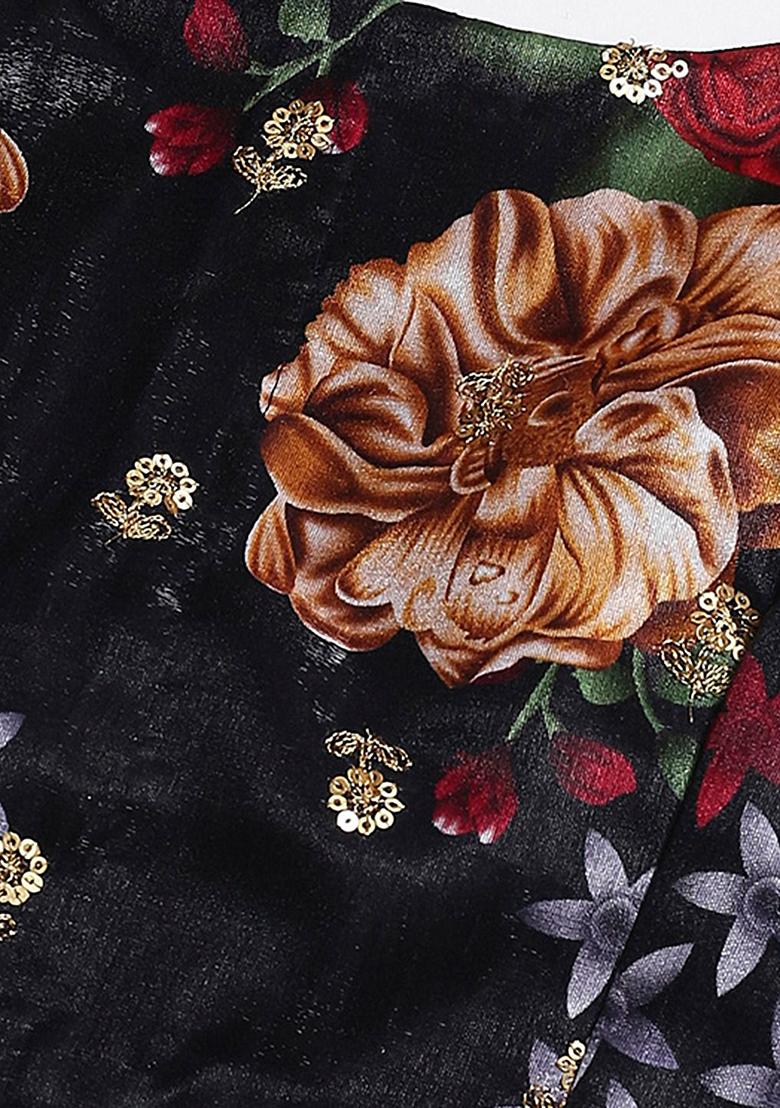 Black Floral Print Zari Embroidered Banglori Silk Lehenga Set - Indya