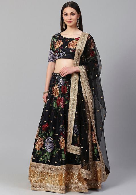 Black Floral Print Zari Embroidered Banglori Silk Lehenga Set