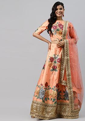 Peach Floral Print Zari Embroidered Banglori Silk Lehenga Set