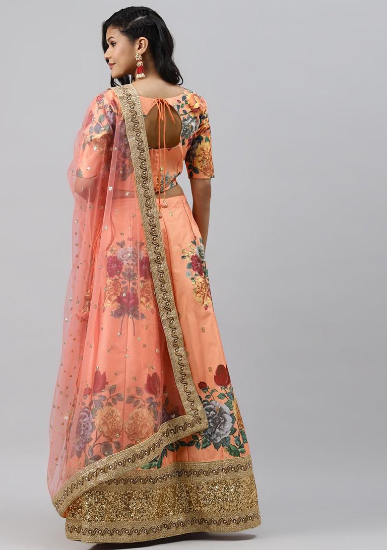 Peach Floral Print Zari Embroidered Banglori Silk Lehenga Set