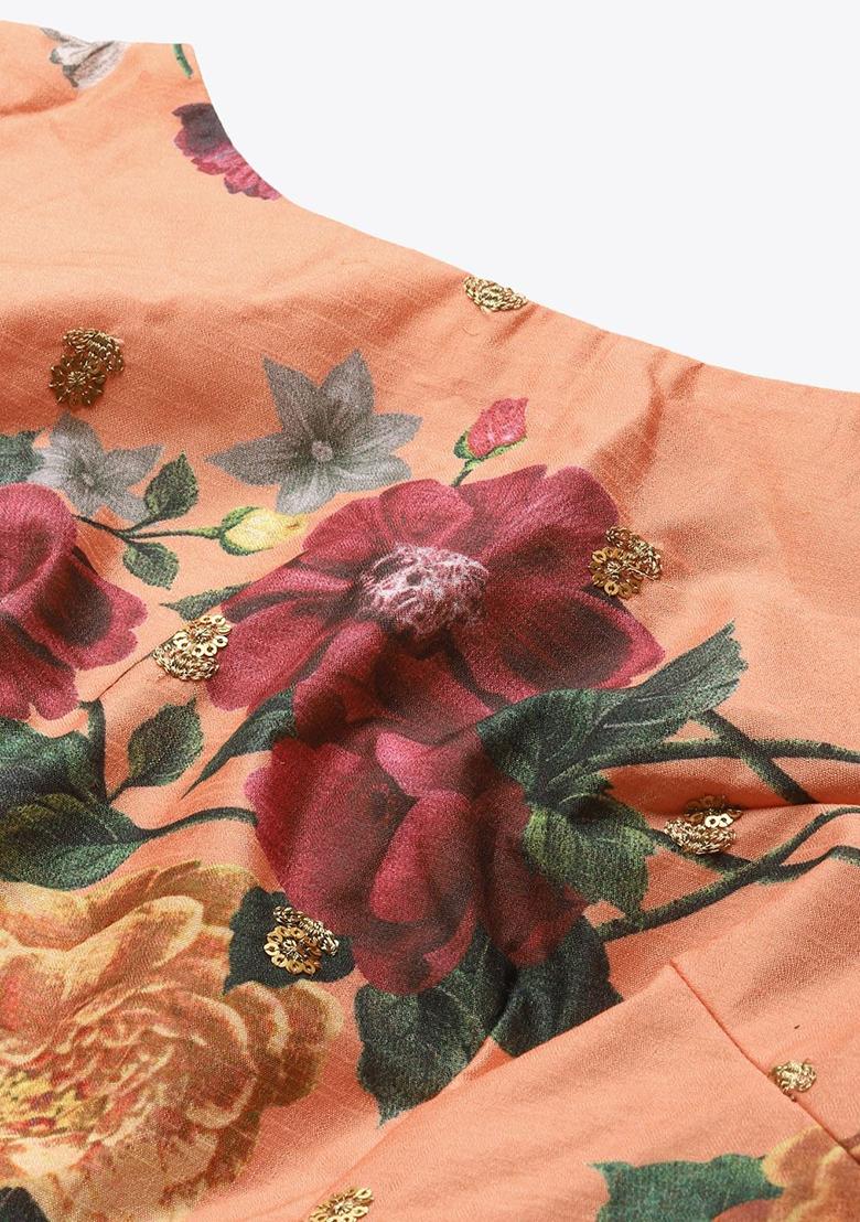 Peach Floral Print Zari Embroidered Banglori Silk Lehenga Set