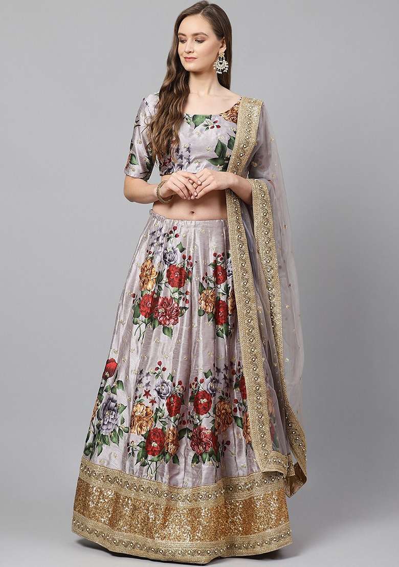 Grey Floral Print Zari Embroidered Banglori Silk Blend Lehenga Set for Diwali and Festive Wear - Indya