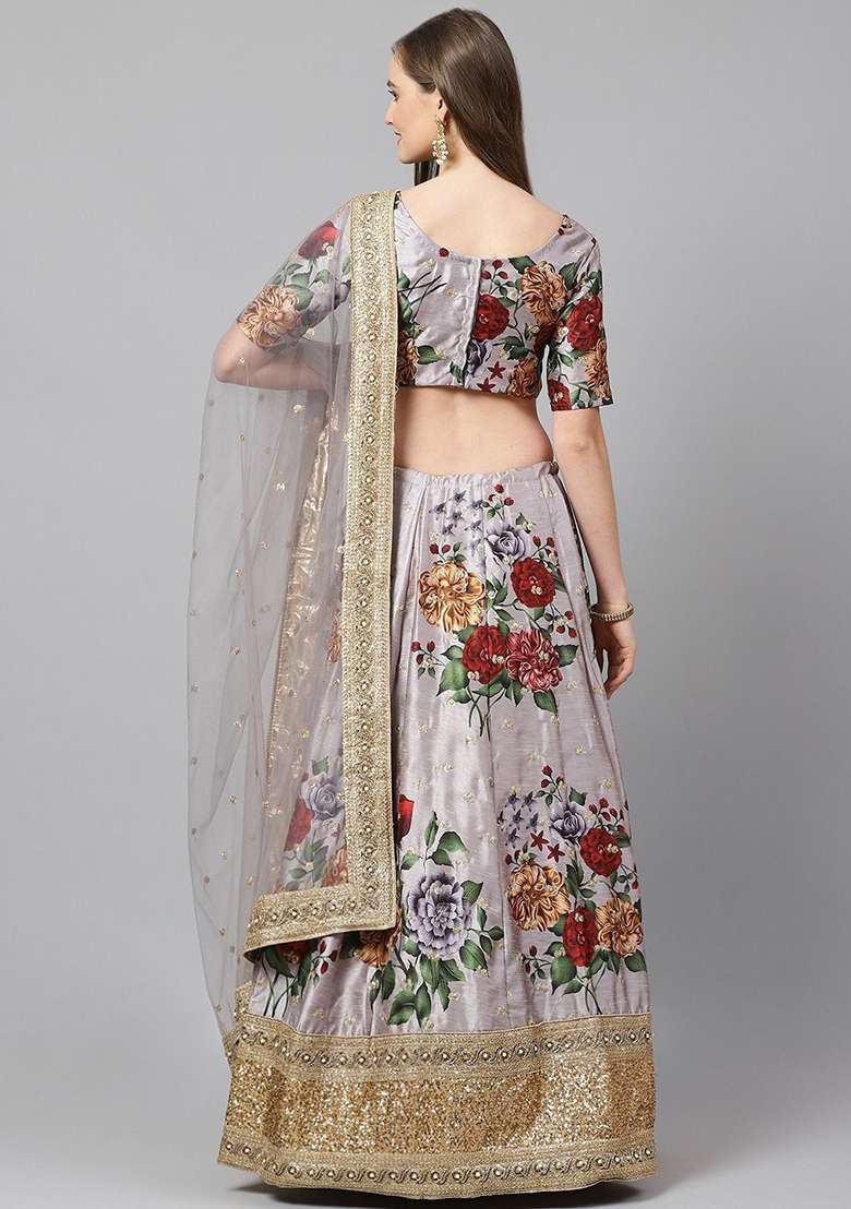 Grey Floral Print Zari Embroidered Banglori Silk Blend Lehenga Set for Diwali and Festive Wear - Indya