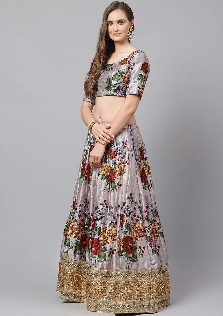 Grey Floral Print Zari Embroidered Banglori Silk Blend Lehenga Set for Diwali and Festive Wear - Indya