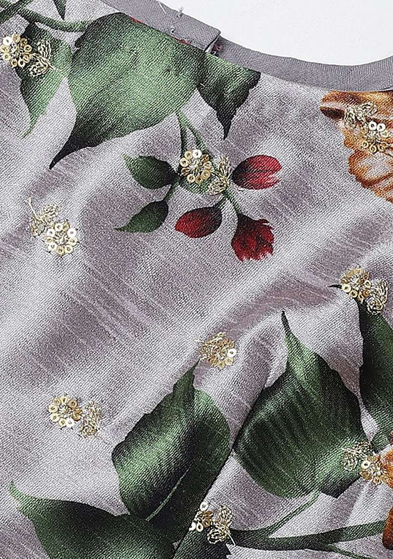 Grey Floral Print Zari Embroidered Banglori Silk Blend Lehenga Set for Diwali and Festive Wear - Indya