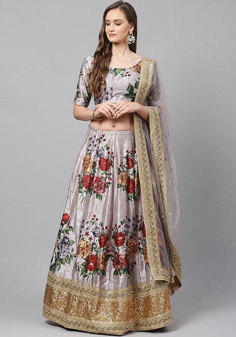 Grey Floral Print Zari Embroidered Banglori Silk Lehenga Set