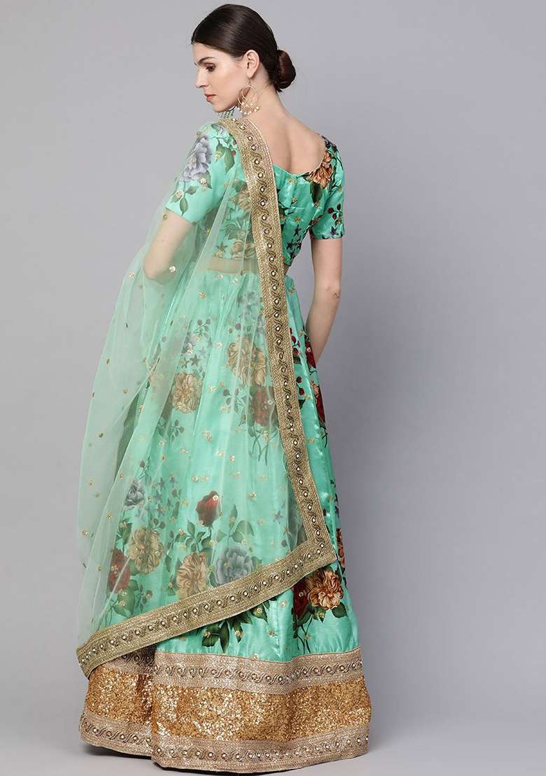 Green Zari Banglori Silk Blend Lehenga Set with Floral Print & Embroidered for Diwali | Wedding & Festive Wear - Indya