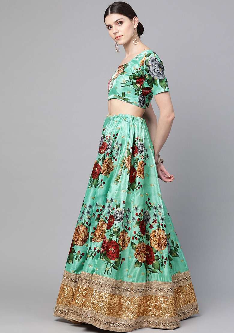 Green Zari Banglori Silk Blend Lehenga Set with Floral Print & Embroidered for Diwali | Wedding & Festive Wear - Indya