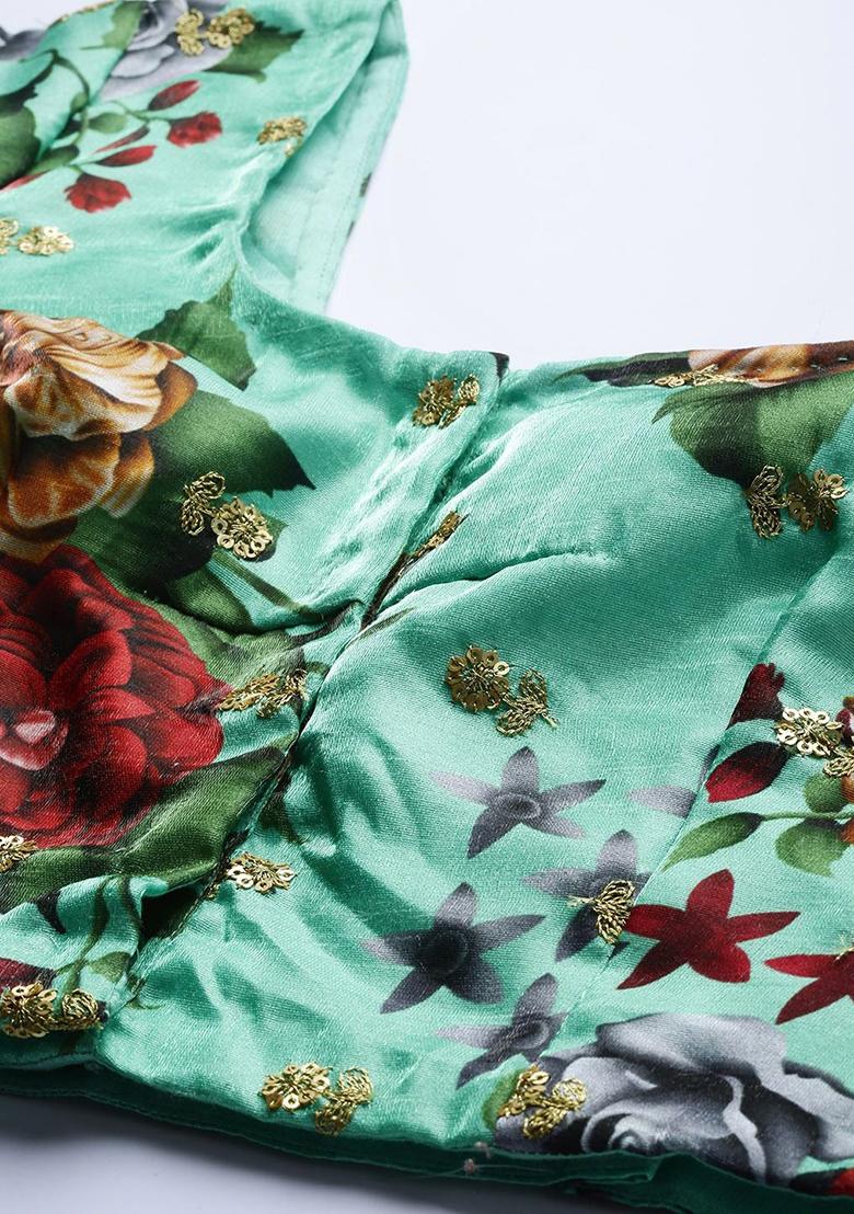 Green Floral Print Zari Embroidered Banglori Silk Lehenga Set - Indya