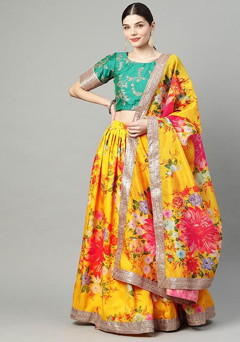 Yellow Digital Print Embroidered Organza Lehenga Set