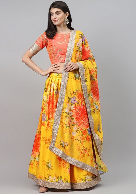 Yellow Printed Embroidered Organza Lehenga Set