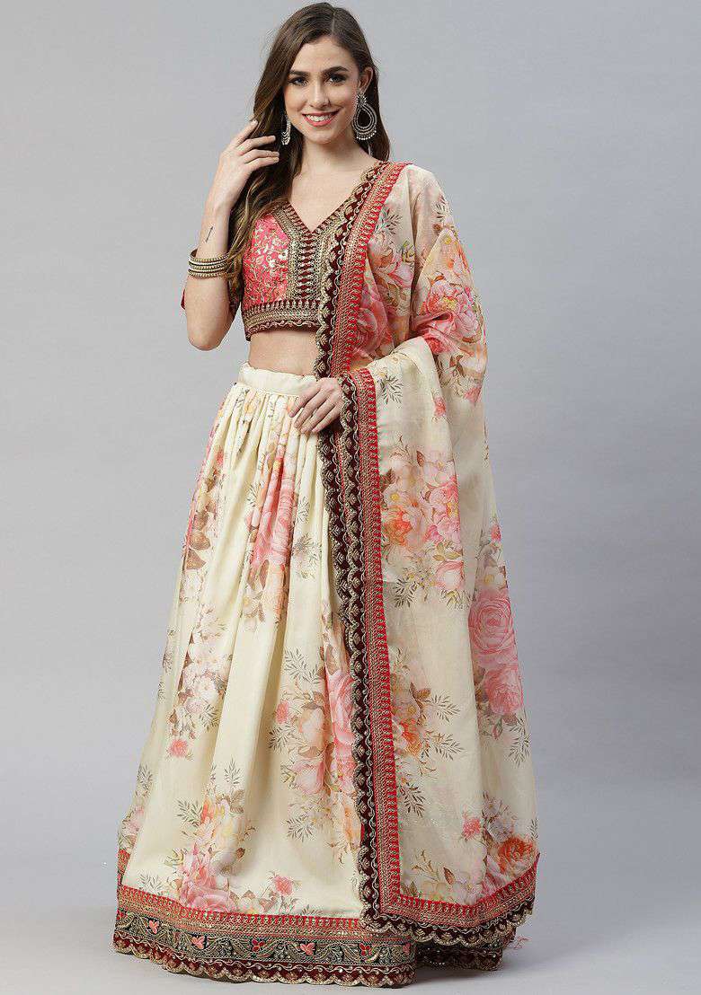 Beige Organza Lehenga Set with Digital Print & Embroidered for Diwali | Wedding & Festive Wear - Indya