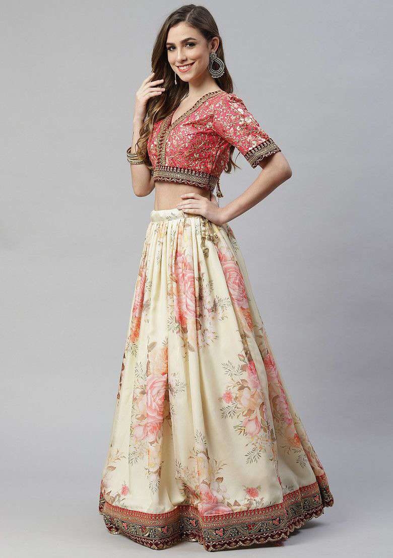 Beige Organza Lehenga Set with Digital Print & Embroidered for Diwali | Wedding & Festive Wear - Indya
