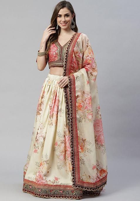 Beige Digital Print Embroidered Organza Lehenga Set