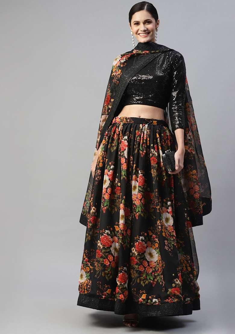 Black Zari Organza Lehenga Set with Digital Print & Embroidered for Diwali | Wedding & Festive Wear - Indya