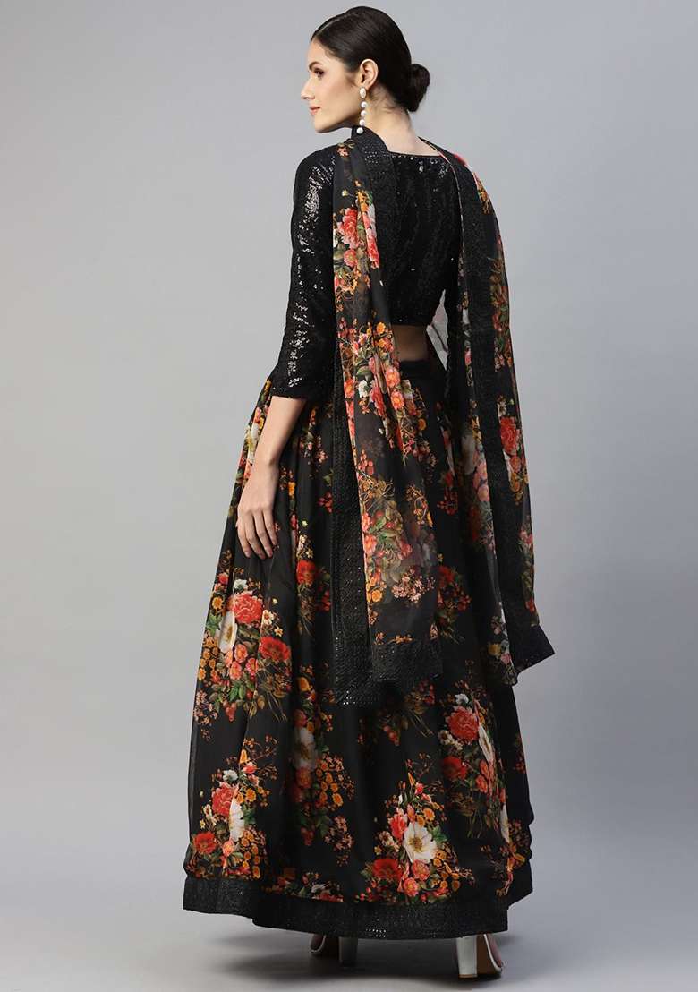 Black Zari Organza Lehenga Set with Digital Print & Embroidered for Diwali | Wedding & Festive Wear - Indya