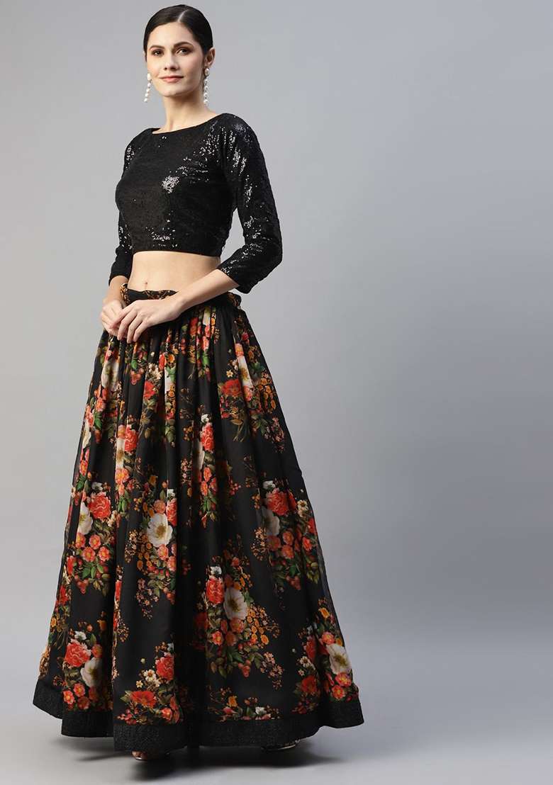 Black Zari Organza Lehenga Set with Digital Print & Embroidered for Diwali | Wedding & Festive Wear - Indya