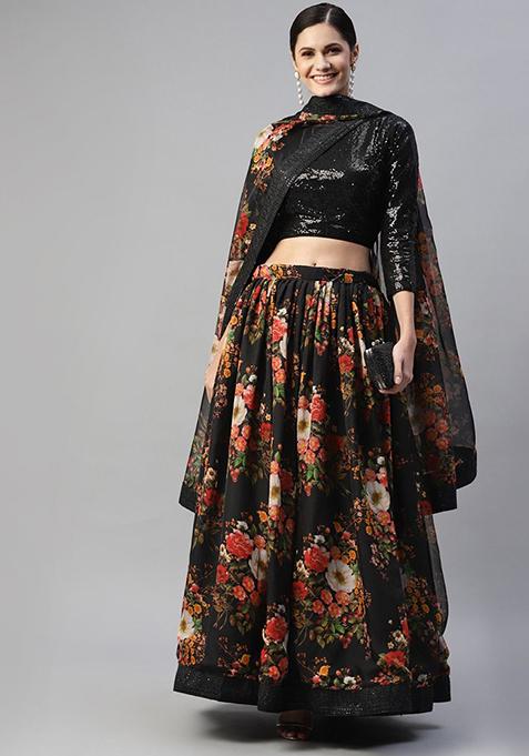 Black Digital Print Zari Embroidered Organza Lehenga Set