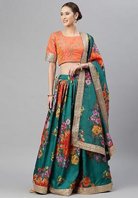 Green And Orange Digital Print Zari Embroidered Organza Lehenga Set