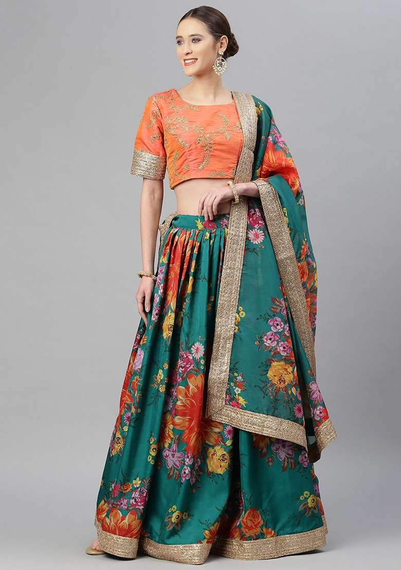 Green And Orange Zari Organza Lehenga Set with Digital Print & Embroidered for Diwali | Wedding & Festive Wear - Indya