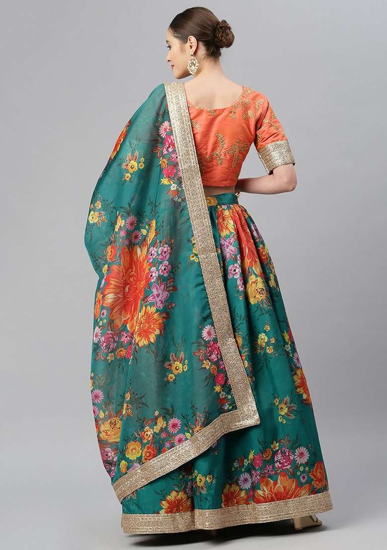Green And Orange Zari Organza Lehenga Set with Digital Print & Embroidered for Diwali | Wedding & Festive Wear - Indya