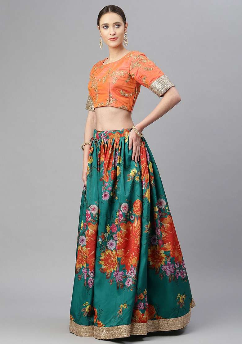 Green And Orange Zari Organza Lehenga Set with Digital Print & Embroidered for Diwali | Wedding & Festive Wear - Indya