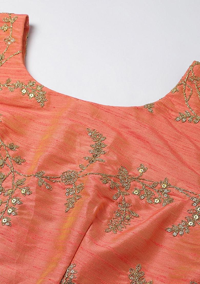 Green And Orange Digital Print Zari Embroidered Organza Lehenga Set - Indya