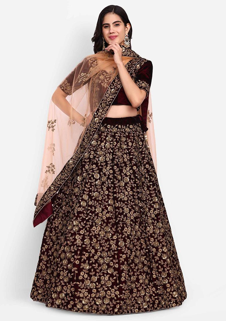 Maroon Thread Zari Embroidered Velvet Lehenga Set - Indya