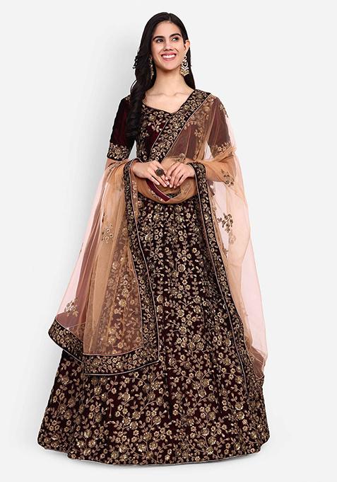 Maroon Thread Zari Embroidered Velvet Lehenga Set