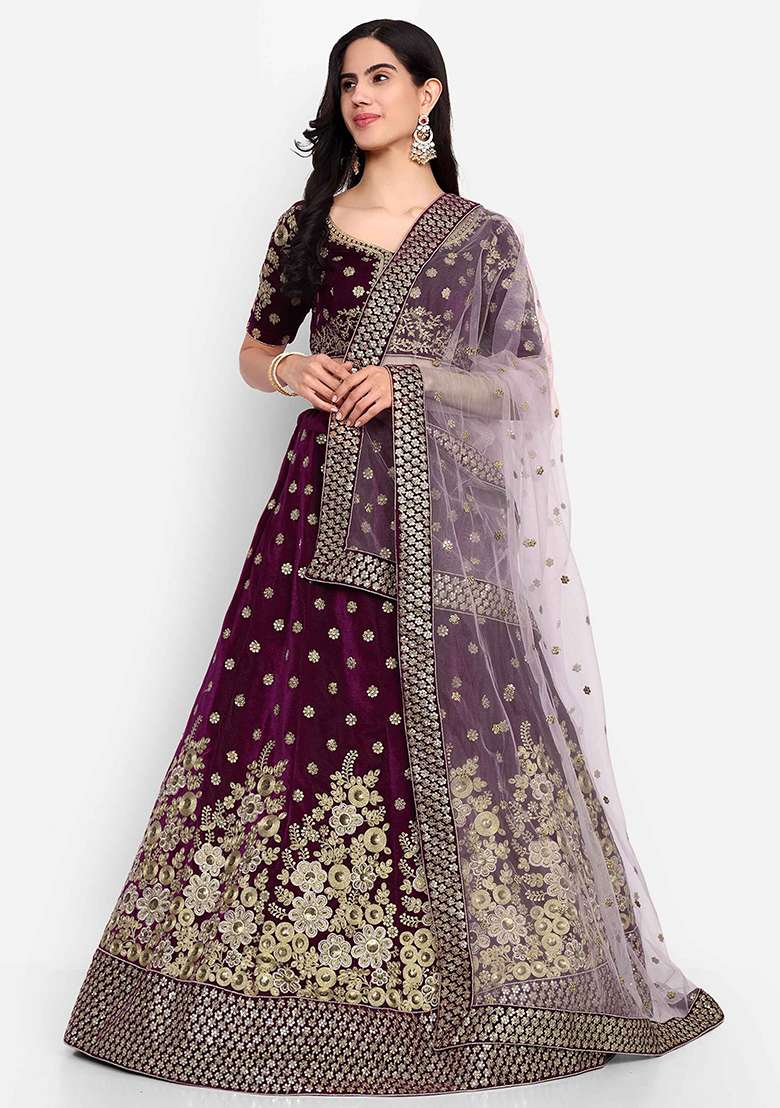 Purple Thread Zari Velvet Lehenga Set with Embroidered for Diwali | Wedding & Festive Wear - Indya