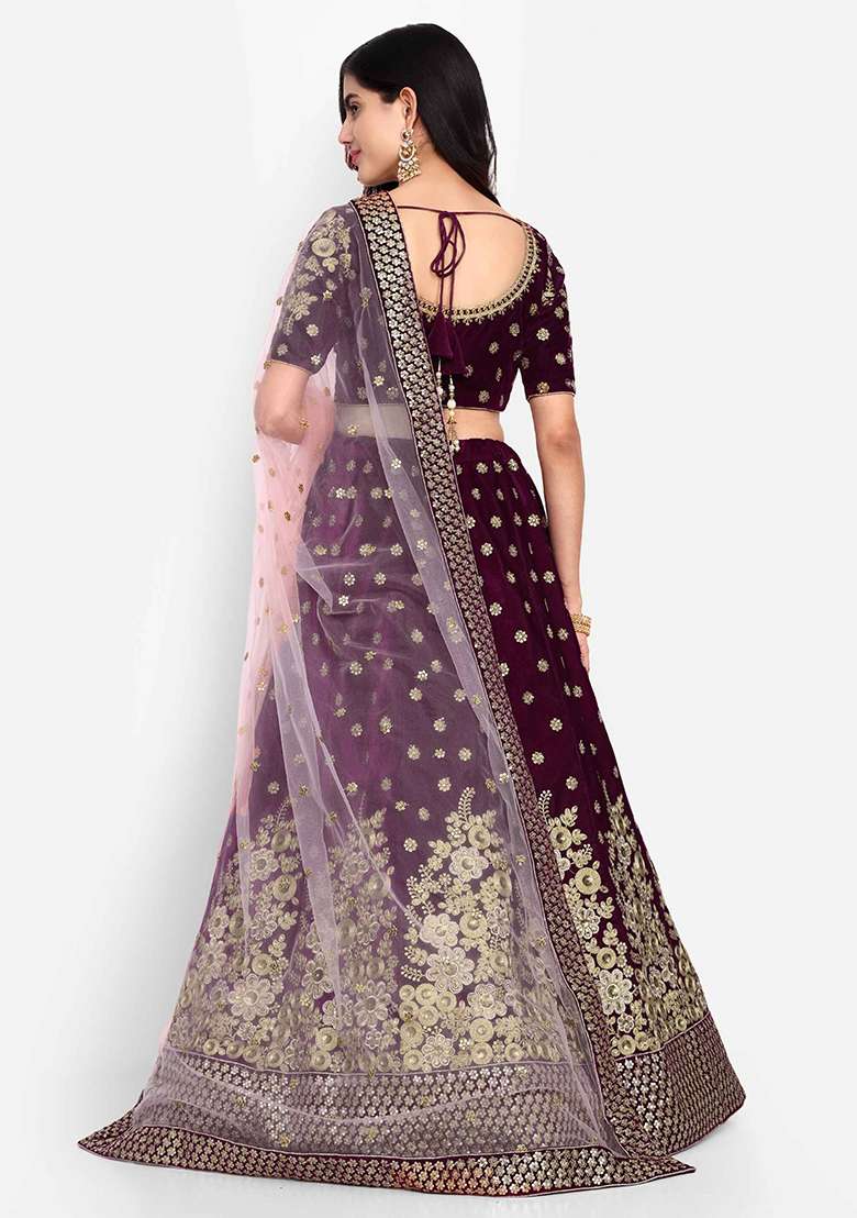 Purple Thread Zari Velvet Lehenga Set with Embroidered for Diwali | Wedding & Festive Wear - Indya