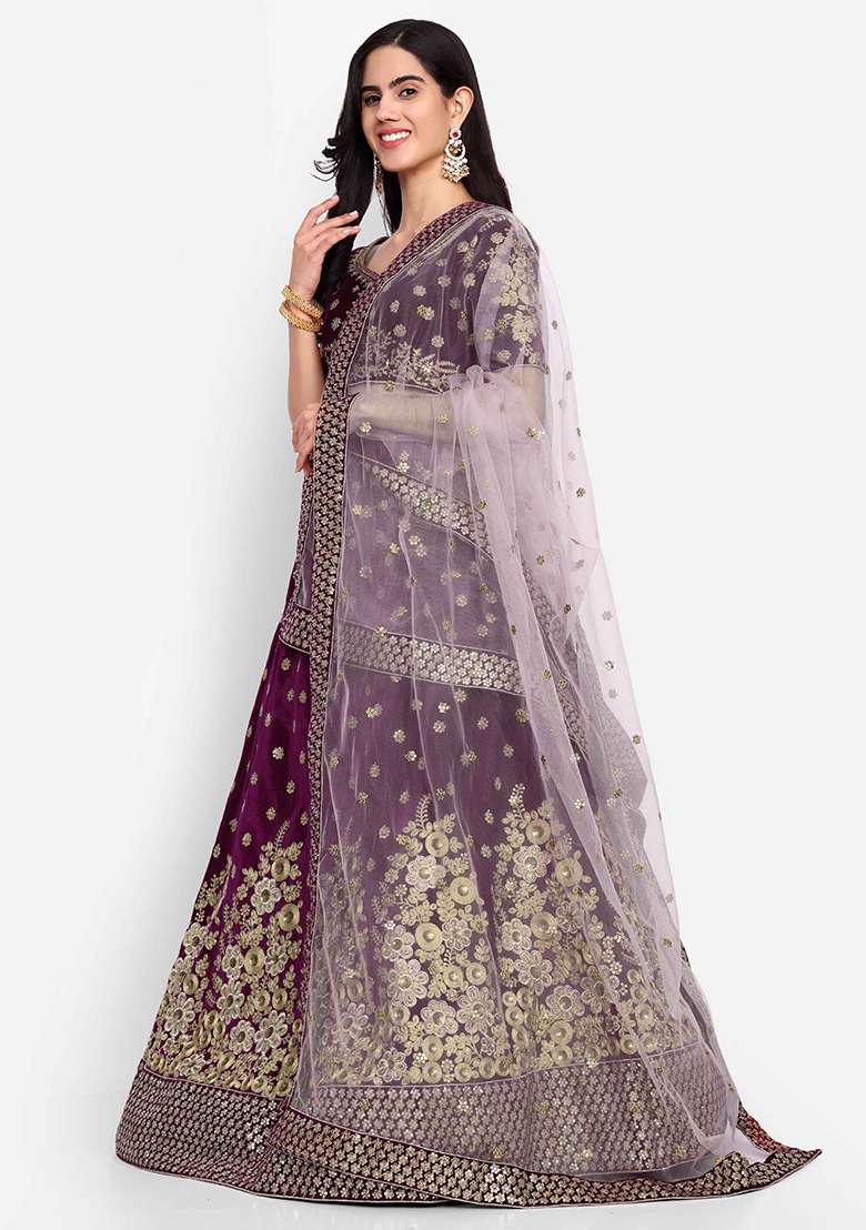 Purple Thread Zari Velvet Lehenga Set with Embroidered for Diwali | Wedding & Festive Wear - Indya
