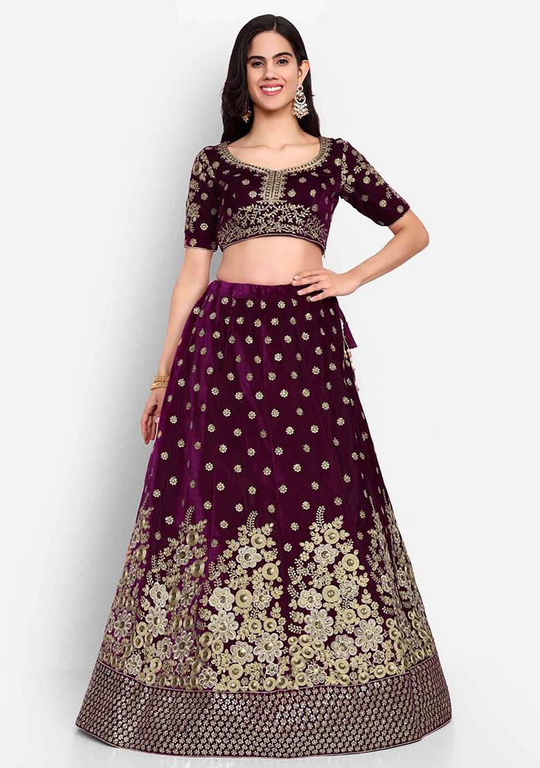 Purple Thread Zari Velvet Lehenga Set with Embroidered for Diwali | Wedding & Festive Wear - Indya