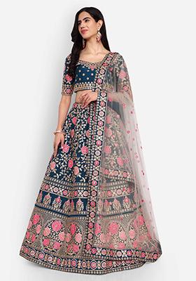 Blue Thread Zari Embroidered Slub Silk Lehenga Set