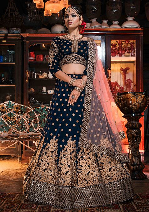 Navy Blue Thread Zari Embroidered Velvet Lehenga Set