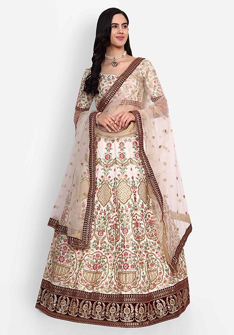 Off White Thread Sequin Embroidered Art Silk Lehenga Set