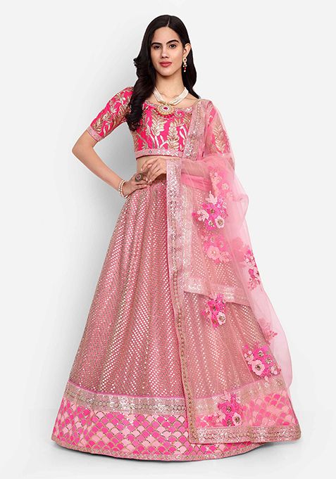 Pink Thread Zari Embroidered Net Lehenga Set