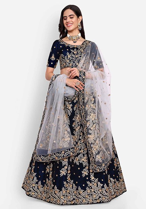 Navy Blue Zari Embroidered Velvet Lehenga Set