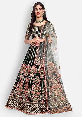 Green Thread Embroidered Velvet Lehenga Set