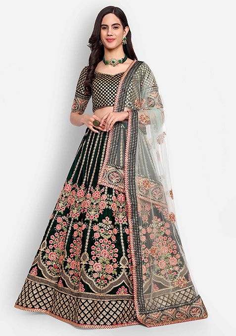 Green Thread Embroidered Velvet Lehenga Set