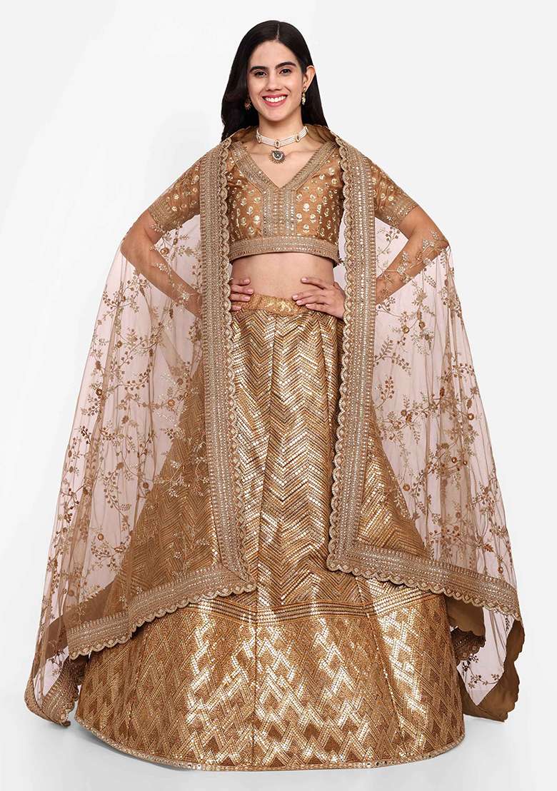 Brown Thread Zari Embroidered Slub Silk Blend Lehenga Set for Diwali and Festive Wear - Indya
