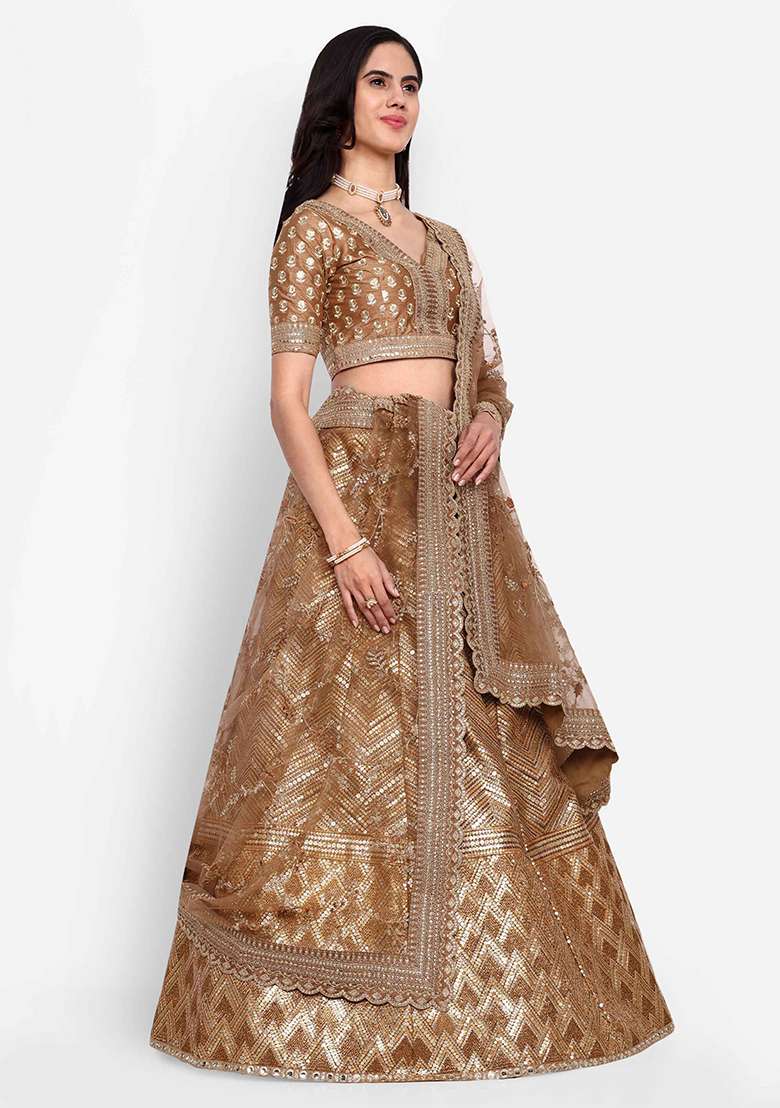 Brown Thread Zari Embroidered Slub Silk Blend Lehenga Set for Diwali and Festive Wear - Indya