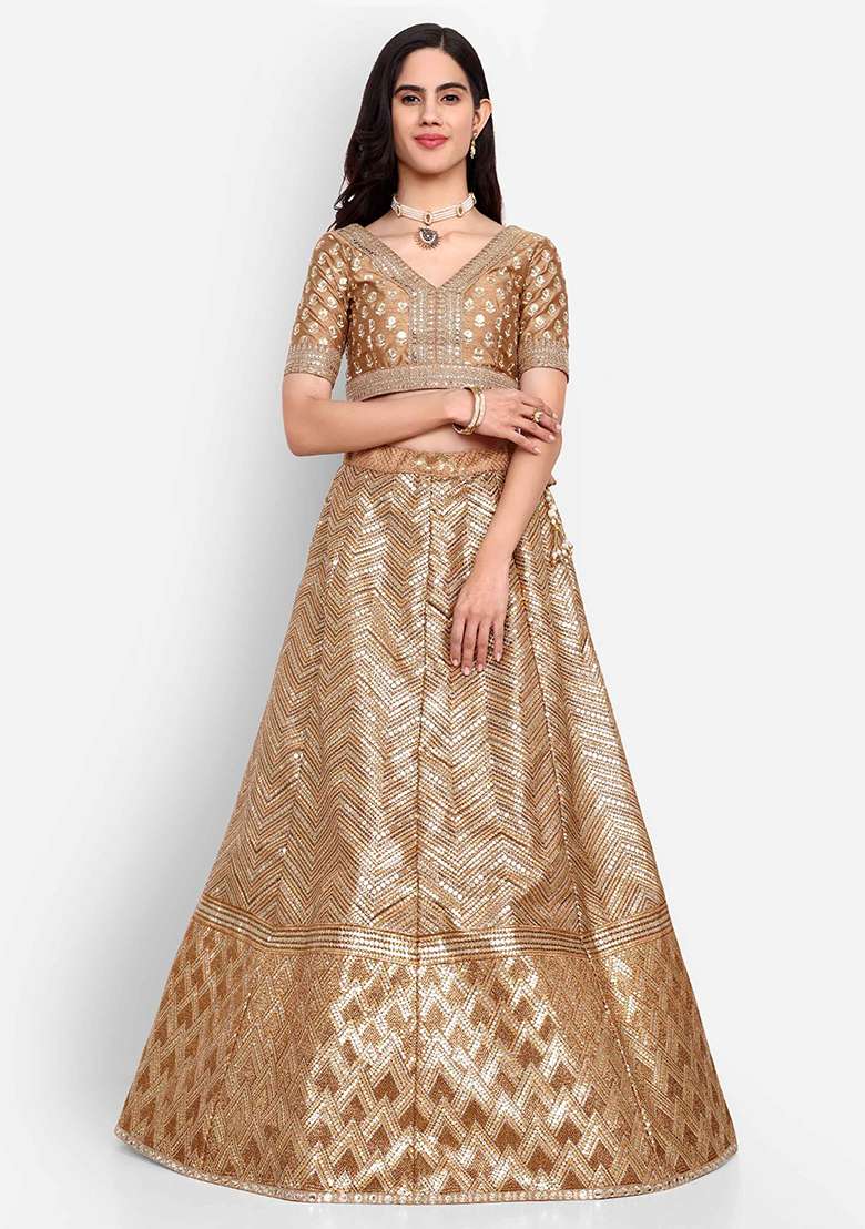Brown Thread Zari Embroidered Slub Silk Blend Lehenga Set for Diwali and Festive Wear - Indya